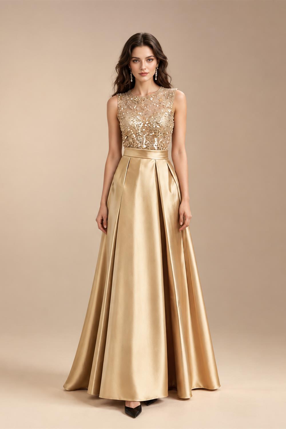 A-Line/Princess Scoop Neck Pleated Satin Evening Dresses with Sequins (SHI22500066)