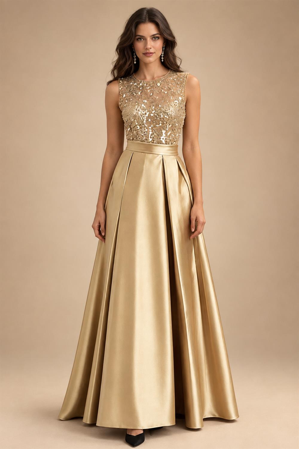A-Line/Princess Scoop Neck Pleated Satin Evening Dresses with Sequins (SHI22500066)