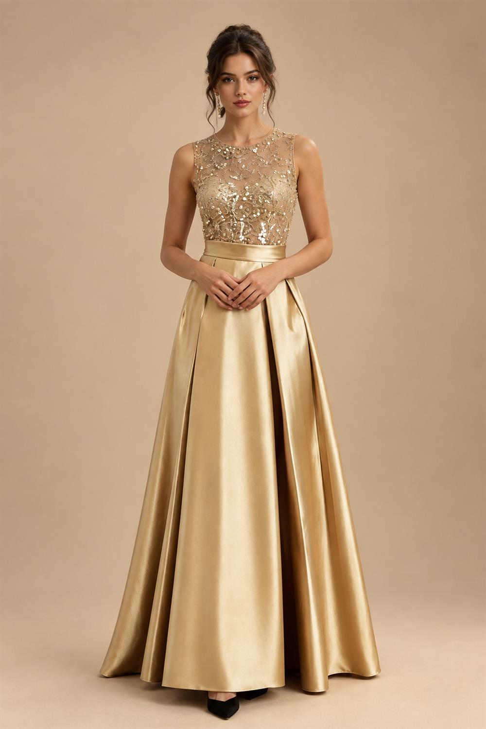 A-Line/Princess Scoop Neck Pleated Satin Evening Dresses with Sequins (SHI22500066)