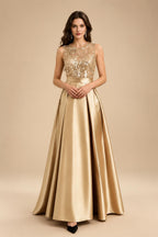 A-Line/Princess Scoop Neck Pleated Satin Evening Dresses with Sequins (SHI22500066)
