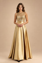 A-Line/Princess Scoop Neck Pleated Satin Evening Dresses with Sequins (SHI22500066)