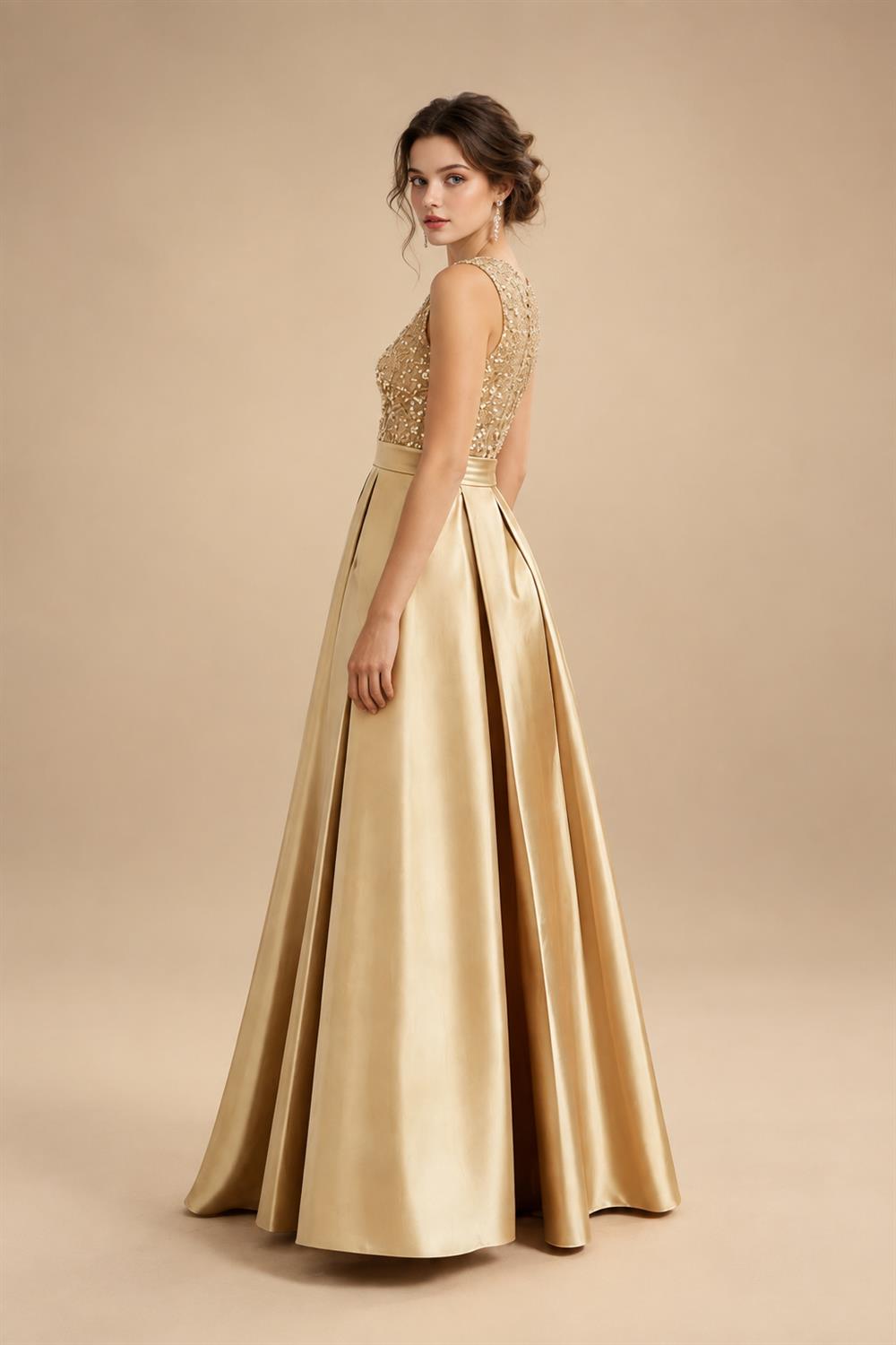 A-Line/Princess Scoop Neck Pleated Satin Evening Dresses with Sequins (SHI22500066)