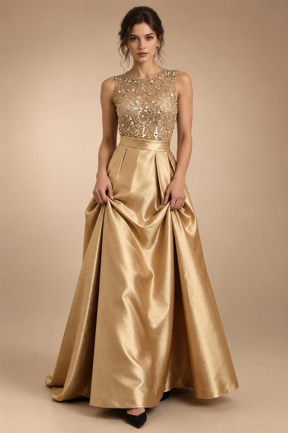 A-Line/Princess Scoop Neck Pleated Satin Evening Dresses with Sequins (SHI22500066)