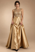 A-Line/Princess Scoop Neck Pleated Satin Evening Dresses with Sequins (SHI22500066)