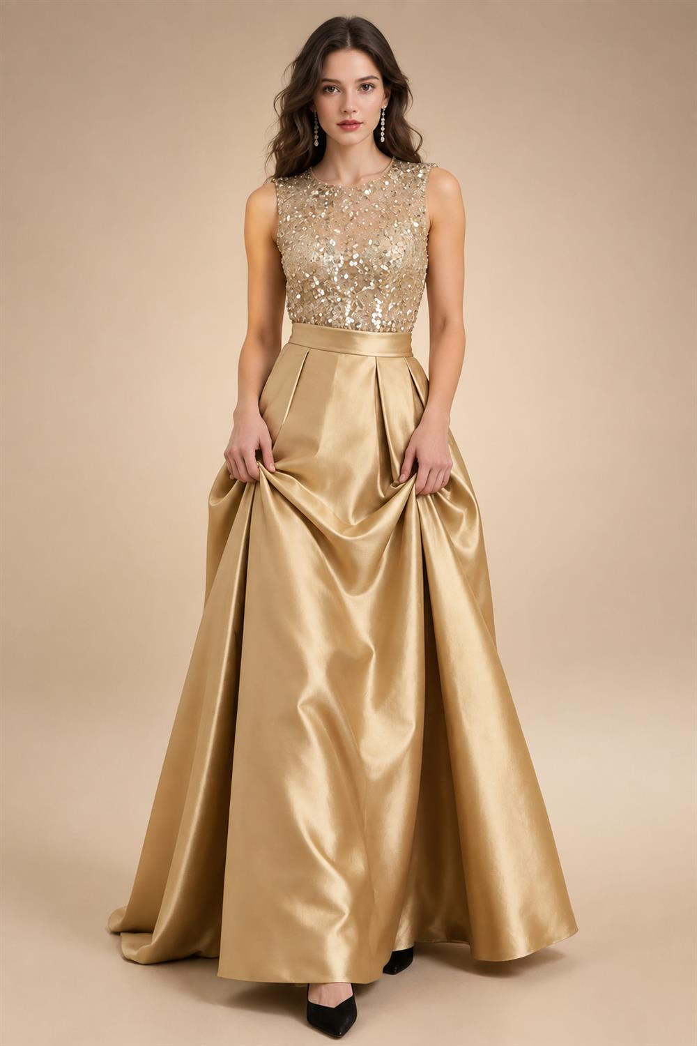 A-Line/Princess Scoop Neck Pleated Satin Evening Dresses with Sequins (SHI22500066)