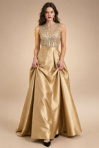 A-Line/Princess Scoop Neck Pleated Satin Evening Dresses with Sequins (SHI22500066)