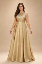 A-Line/Princess Scoop Neck Pleated Satin Evening Dresses with Sequins (SHI22500066)