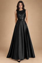 A-Line/Princess Scoop Neck Pleated Satin Evening Dresses with Sequins (SHI22500066)