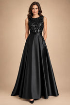 A-Line/Princess Scoop Neck Pleated Satin Evening Dresses with Sequins (SHI22500066)