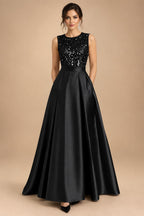 A-Line/Princess Scoop Neck Pleated Satin Evening Dresses with Sequins (SHI22500066)