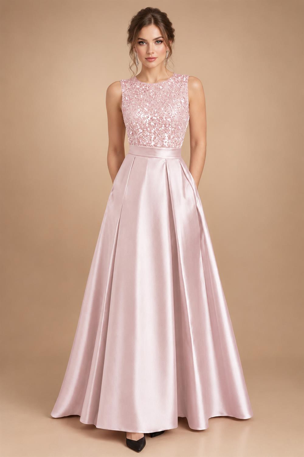 A-Line/Princess Scoop Neck Pleated Satin Evening Dresses with Sequins (SHI22500066)