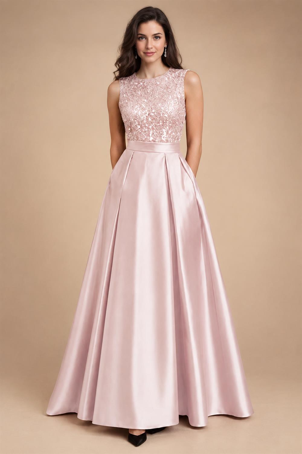 A-Line/Princess Scoop Neck Pleated Satin Evening Dresses with Sequins (SHI22500066)