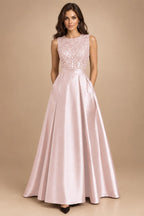 A-Line/Princess Scoop Neck Pleated Satin Evening Dresses with Sequins (SHI22500066)