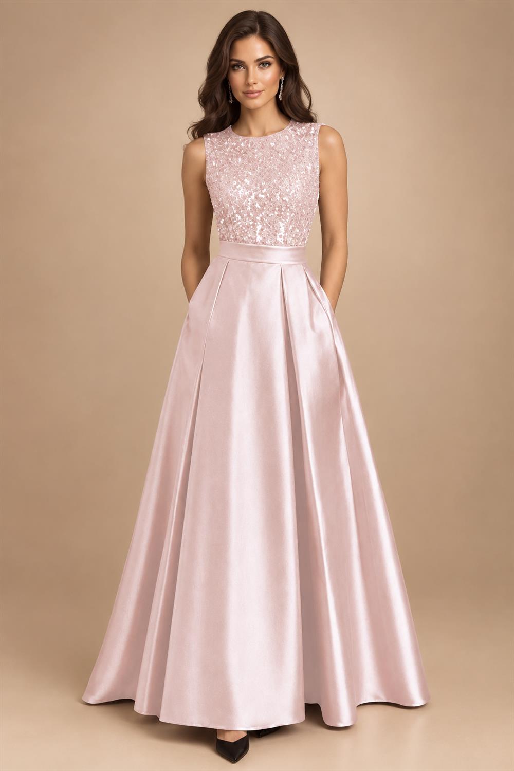 A-Line/Princess Scoop Neck Pleated Satin Evening Dresses with Sequins (SHI22500066)