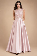 A-Line/Princess Scoop Neck Pleated Satin Evening Dresses with Sequins (SHI22500066)