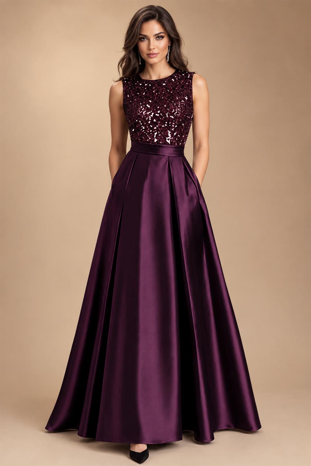 A-Line/Princess Scoop Neck Pleated Satin Evening Dresses with Sequins (SHI22500066)