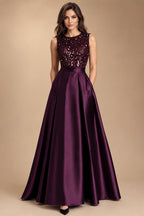 A-Line/Princess Scoop Neck Pleated Satin Evening Dresses with Sequins (SHI22500066)