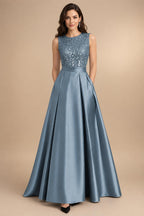 A-Line/Princess Scoop Neck Pleated Satin Evening Dresses with Sequins (SHI22500066)