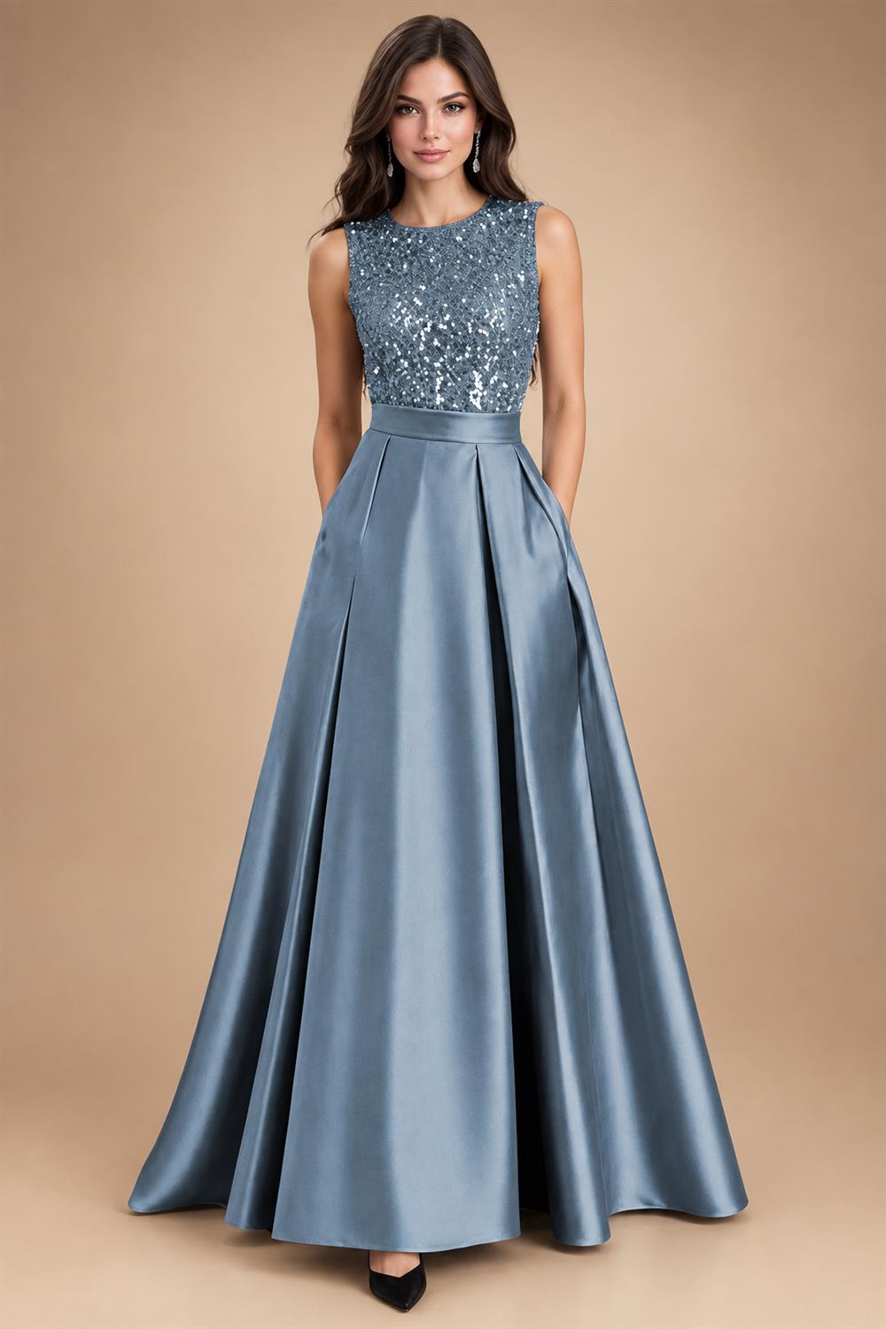 A-Line/Princess Scoop Neck Pleated Satin Evening Dresses with Sequins (SHI22500066)