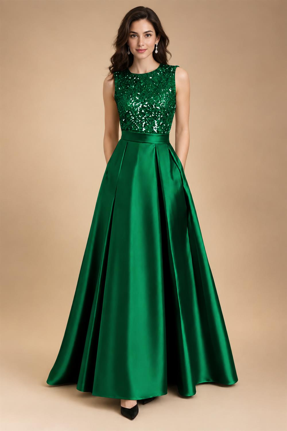 A-Line/Princess Scoop Neck Pleated Satin Evening Dresses with Sequins (SHI22500066)