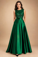 A-Line/Princess Scoop Neck Pleated Satin Evening Dresses with Sequins (SHI22500066)