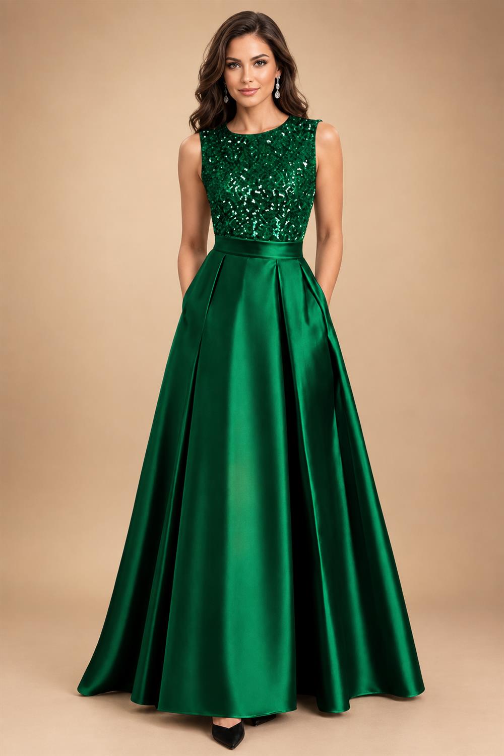 A-Line/Princess Scoop Neck Pleated Satin Evening Dresses with Sequins (SHI22500066)