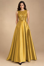 A-Line/Princess Scoop Neck Pleated Satin Evening Dresses with Sequins (SHI22500066)