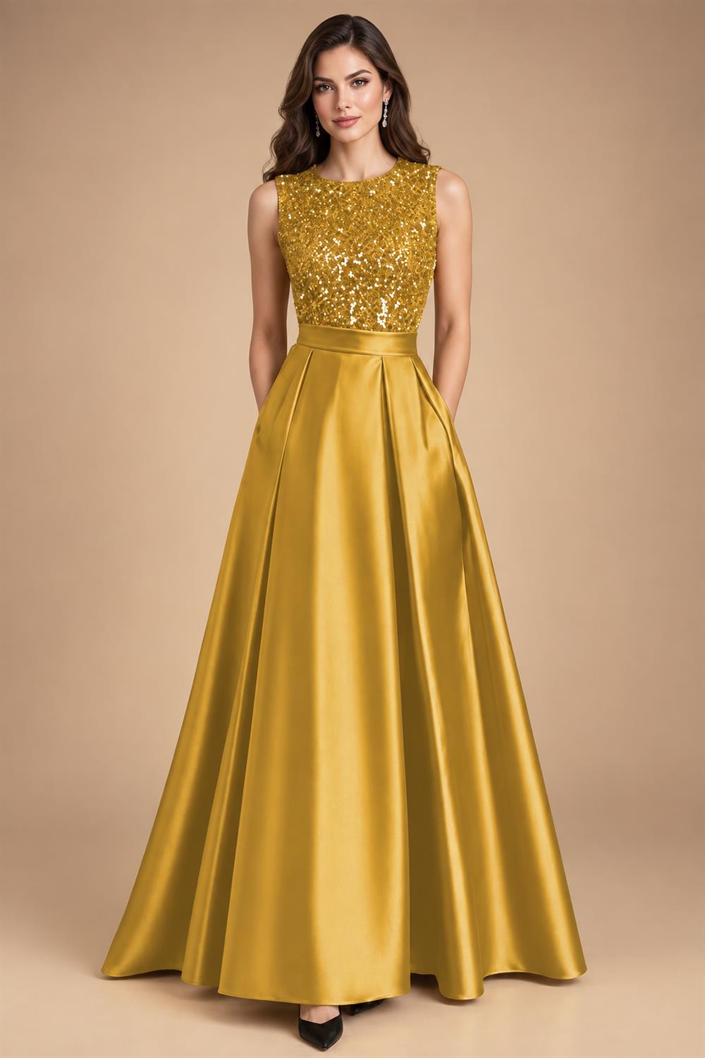 A-Line/Princess Scoop Neck Pleated Satin Evening Dresses with Sequins (SHI22500066)