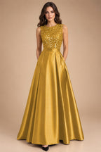 A-Line/Princess Scoop Neck Pleated Satin Evening Dresses with Sequins (SHI22500066)