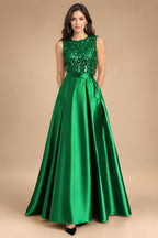 A-Line/Princess Scoop Neck Pleated Satin Evening Dresses with Sequins (SHI22500066)
