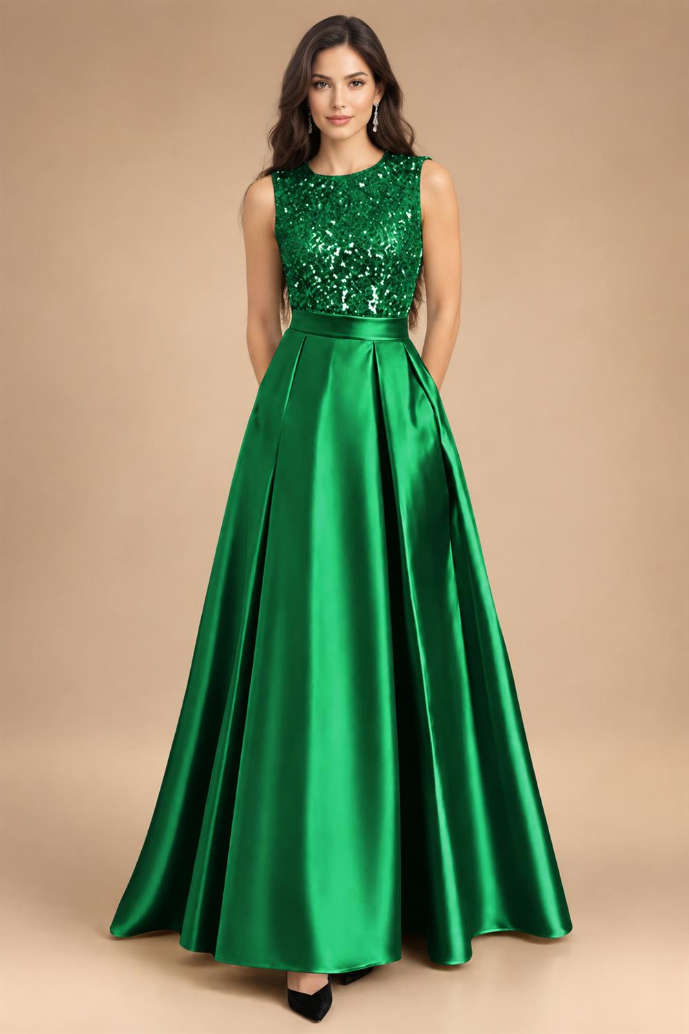 A-Line/Princess Scoop Neck Pleated Satin Evening Dresses with Sequins (SHI22500066)