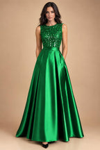 A-Line/Princess Scoop Neck Pleated Satin Evening Dresses with Sequins (SHI22500066)