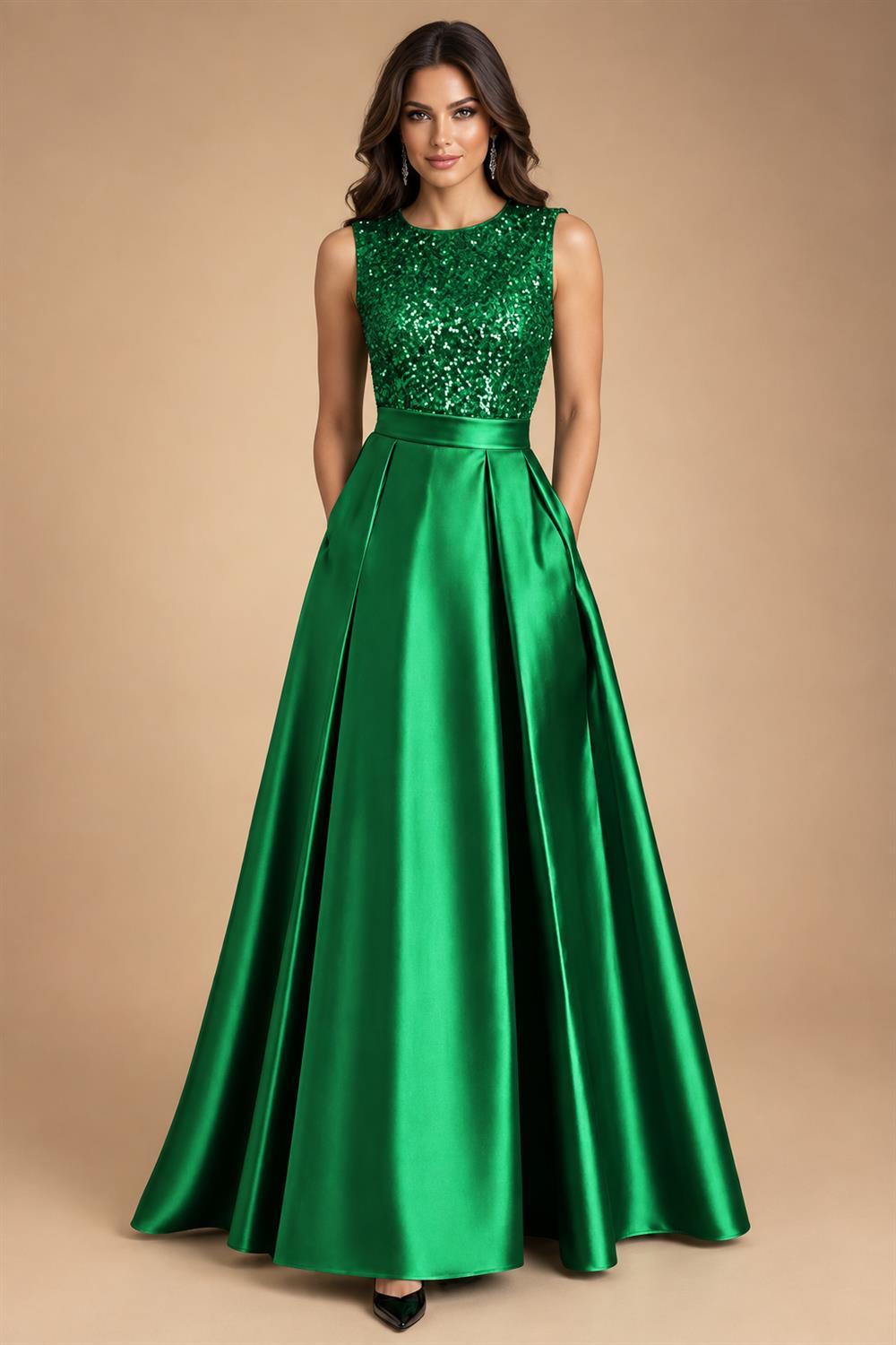 A-Line/Princess Scoop Neck Pleated Satin Evening Dresses with Sequins (SHI22500066)