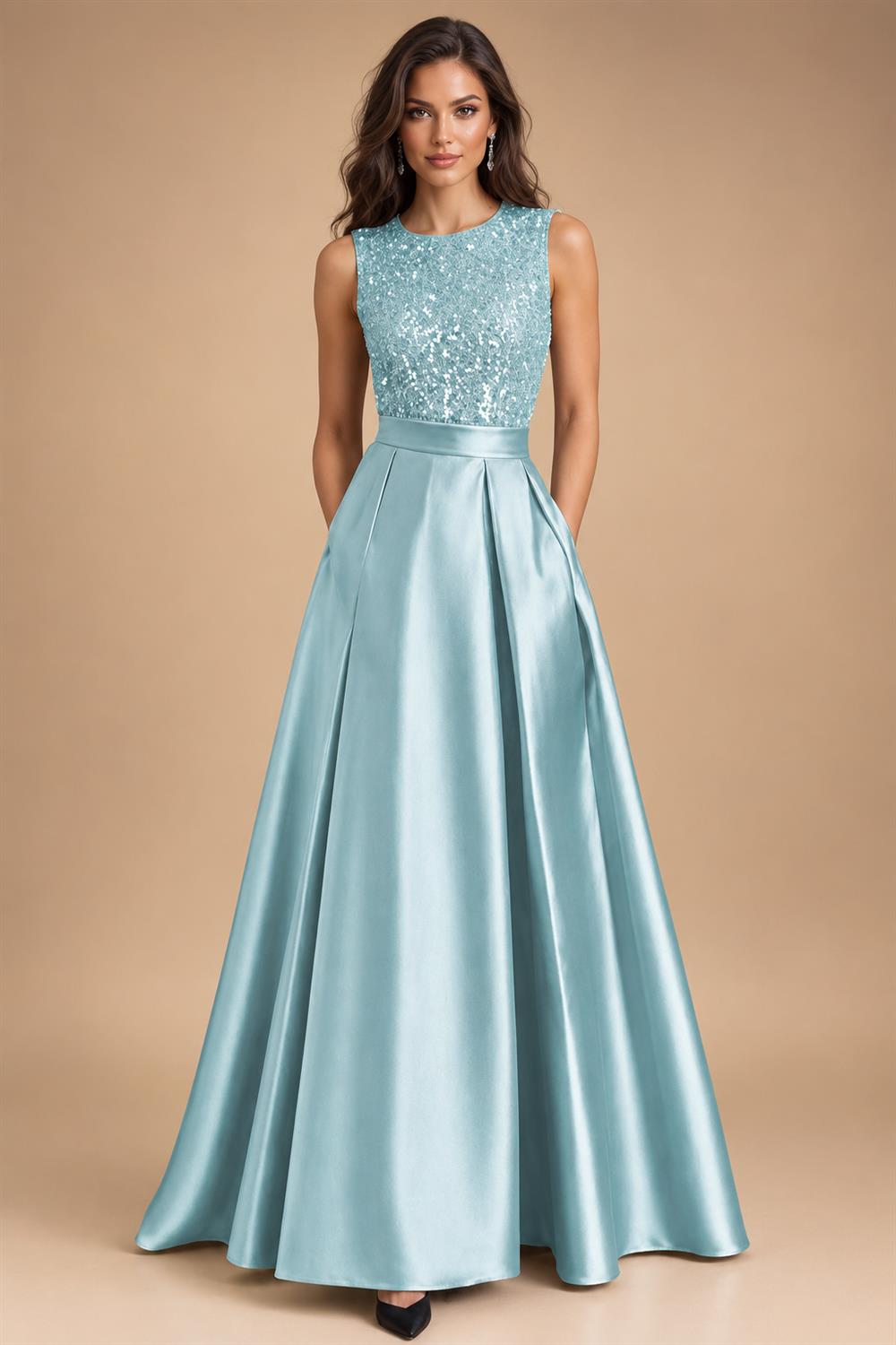 A-Line/Princess Scoop Neck Pleated Satin Evening Dresses with Sequins (SHI22500066)
