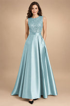 A-Line/Princess Scoop Neck Pleated Satin Evening Dresses with Sequins (SHI22500066)