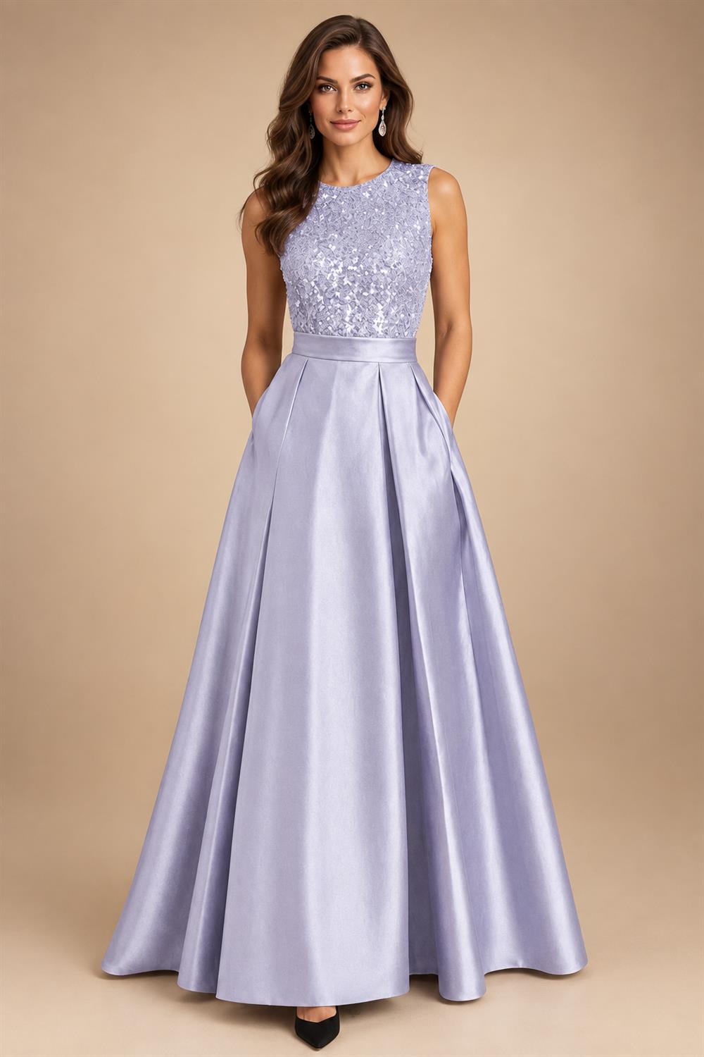 A-Line/Princess Scoop Neck Pleated Satin Evening Dresses with Sequins (SHI22500066)