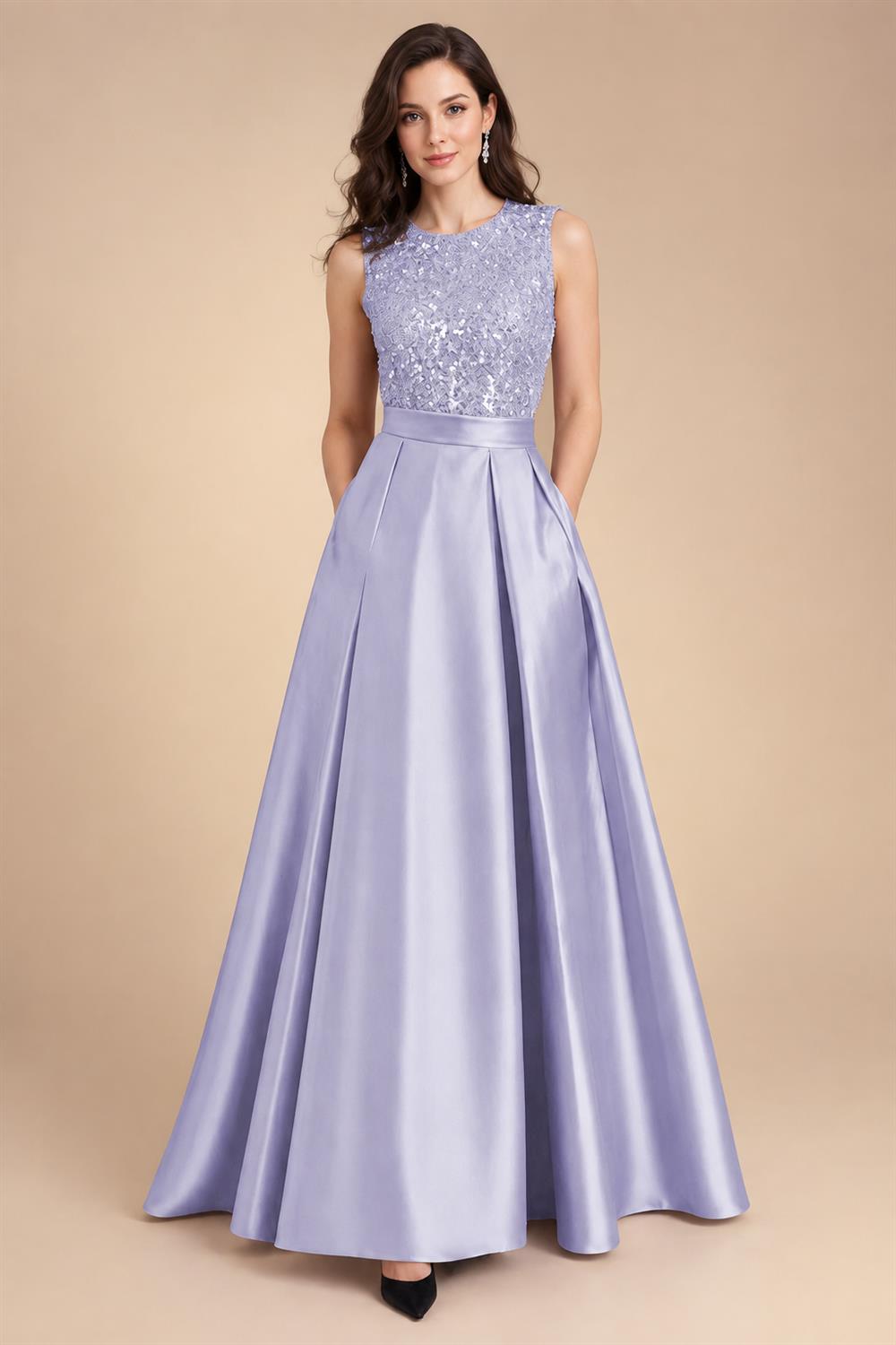 A-Line/Princess Scoop Neck Pleated Satin Evening Dresses with Sequins (SHI22500066)