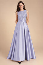 A-Line/Princess Scoop Neck Pleated Satin Evening Dresses with Sequins (SHI22500066)