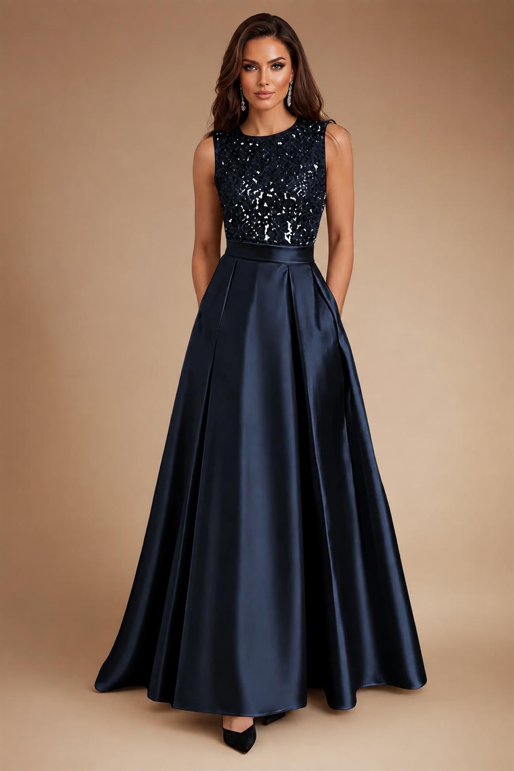 A-Line/Princess Scoop Neck Pleated Satin Evening Dresses with Sequins (SHI22500066)