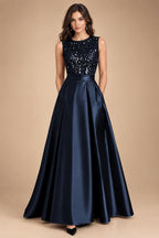 A-Line/Princess Scoop Neck Pleated Satin Evening Dresses with Sequins (SHI22500066)