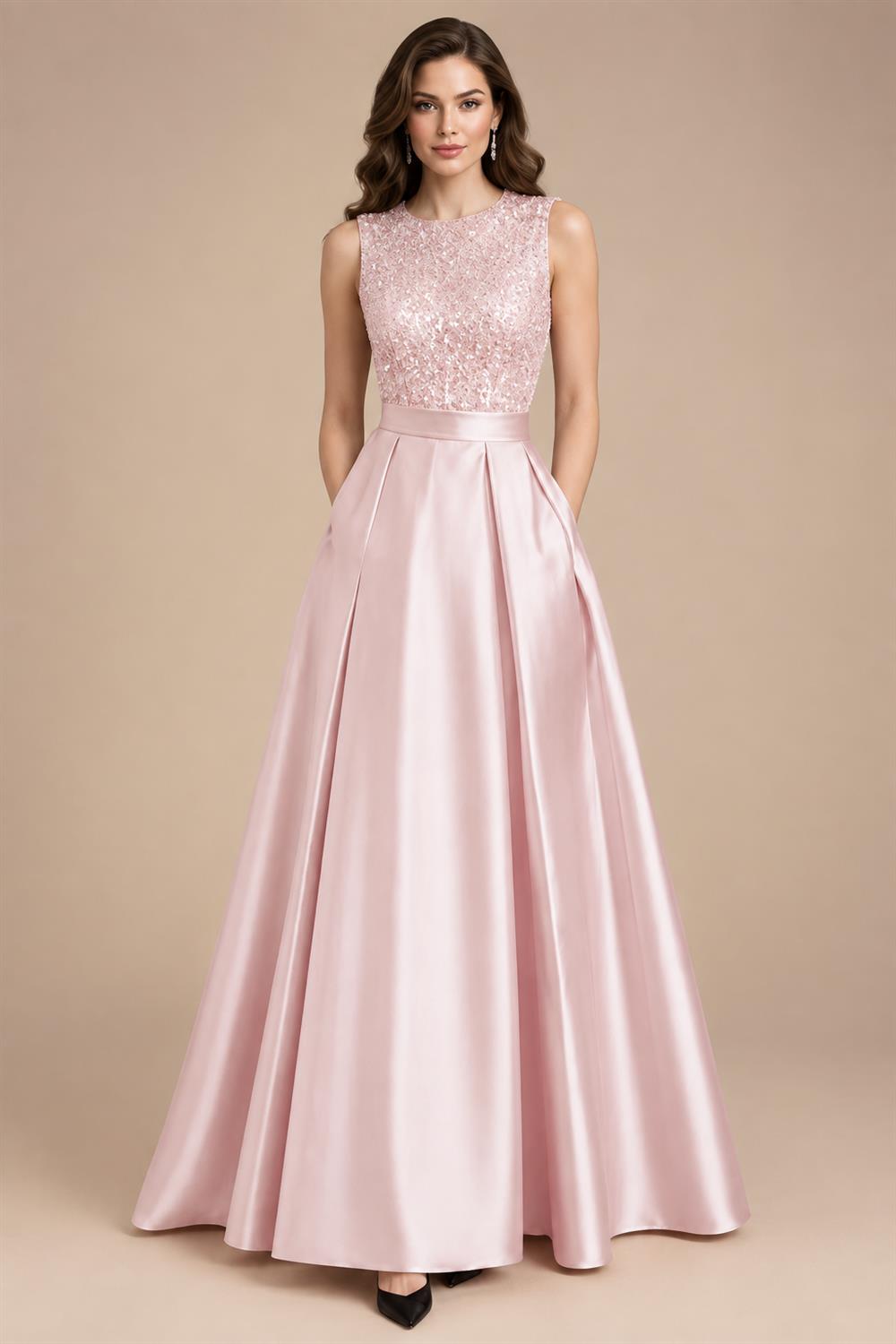 A-Line/Princess Scoop Neck Pleated Satin Evening Dresses with Sequins (SHI22500066)