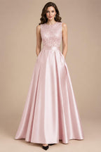 A-Line/Princess Scoop Neck Pleated Satin Evening Dresses with Sequins (SHI22500066)