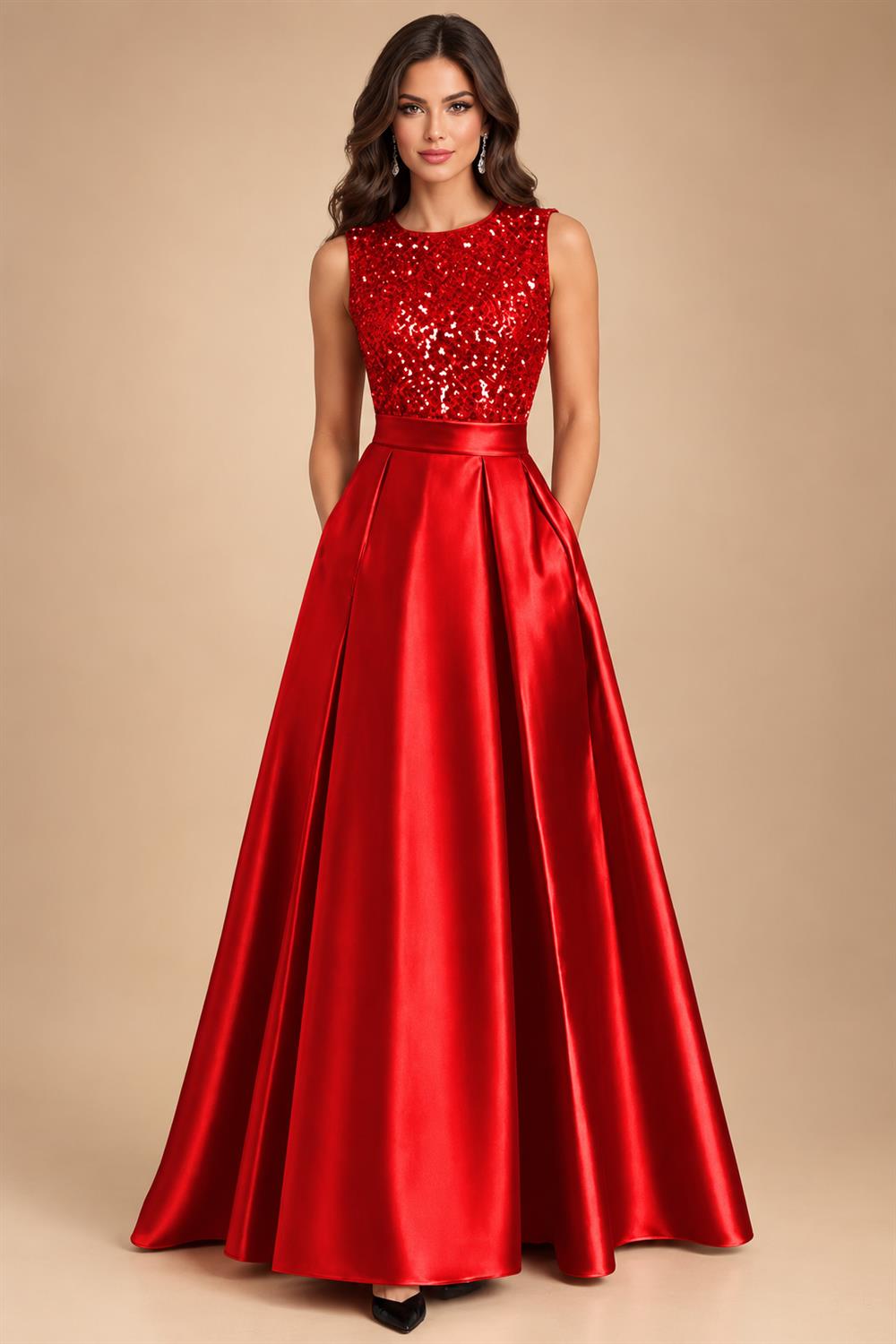 A-Line/Princess Scoop Neck Pleated Satin Evening Dresses with Sequins (SHI22500066)