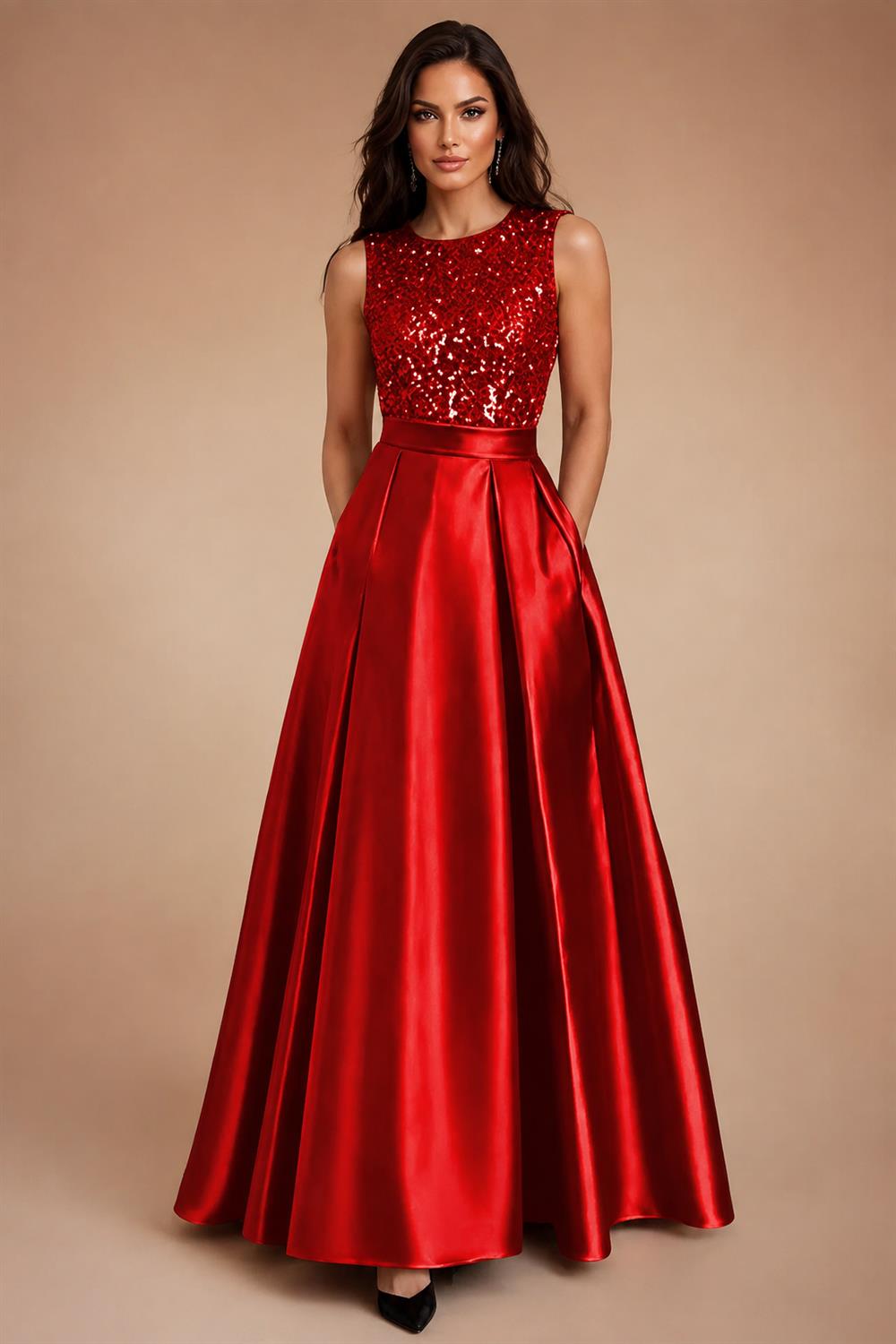 A-Line/Princess Scoop Neck Pleated Satin Evening Dresses with Sequins (SHI22500066)