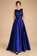 A-Line/Princess Scoop Neck Pleated Satin Evening Dresses with Sequins (SHI22500066)