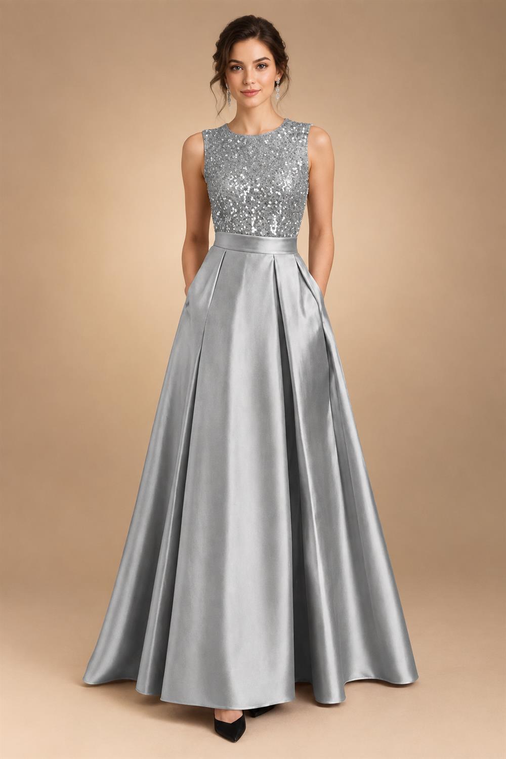 A-Line/Princess Scoop Neck Pleated Satin Evening Dresses with Sequins (SHI22500066)