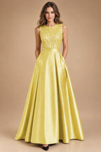 A-Line/Princess Scoop Neck Pleated Satin Evening Dresses with Sequins (SHI22500066)