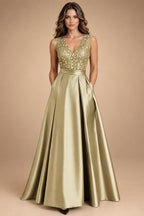 A-Line/Princess Scoop Neck Pleated Satin Evening Dresses with Sequins (SHI22500066)