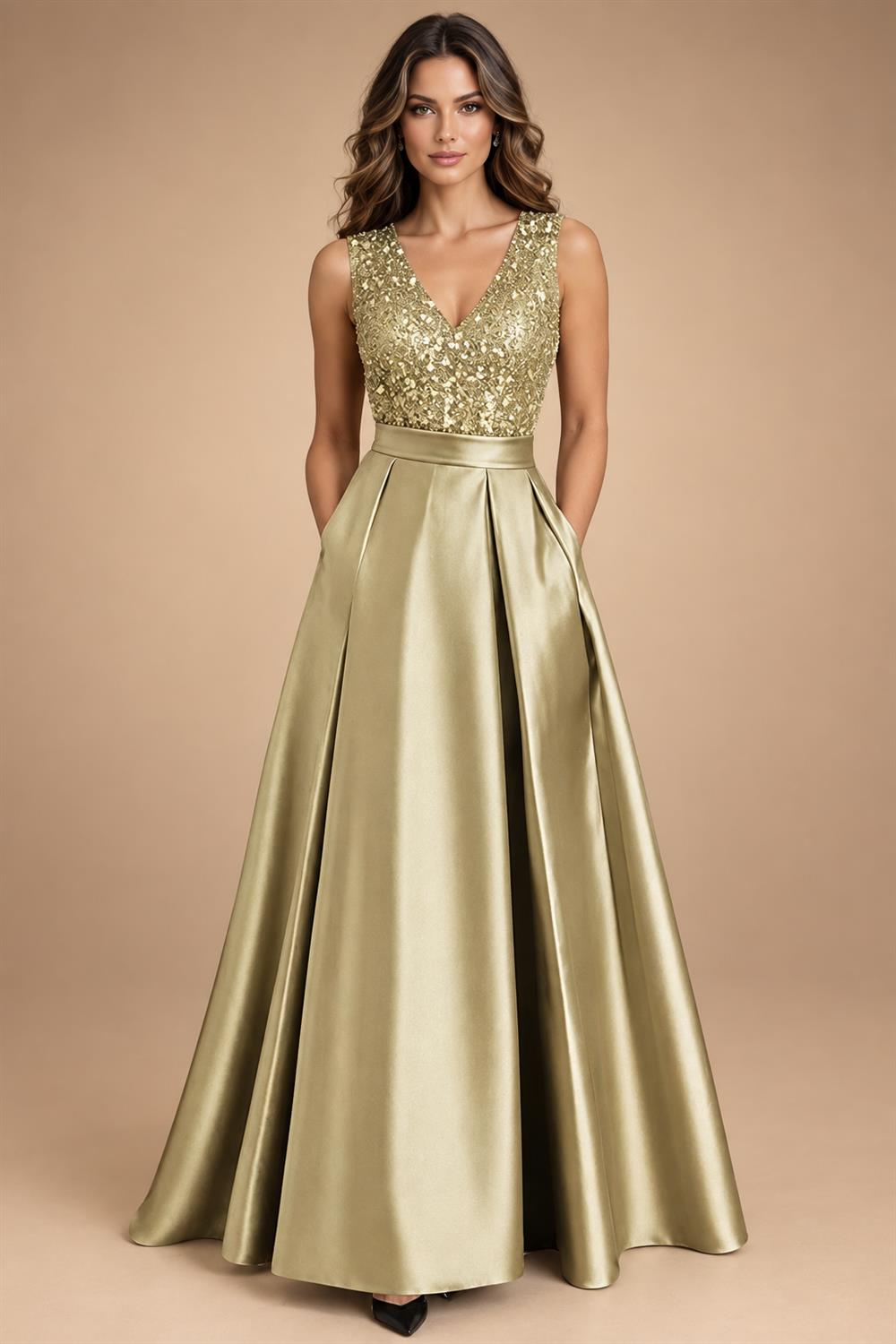 A-Line/Princess Scoop Neck Pleated Satin Evening Dresses with Sequins (SHI22500066)