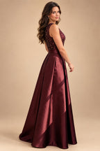 A-Line/Princess Scoop Neck Pleated Satin Evening Dresses with Sequins (SHI22500066)
